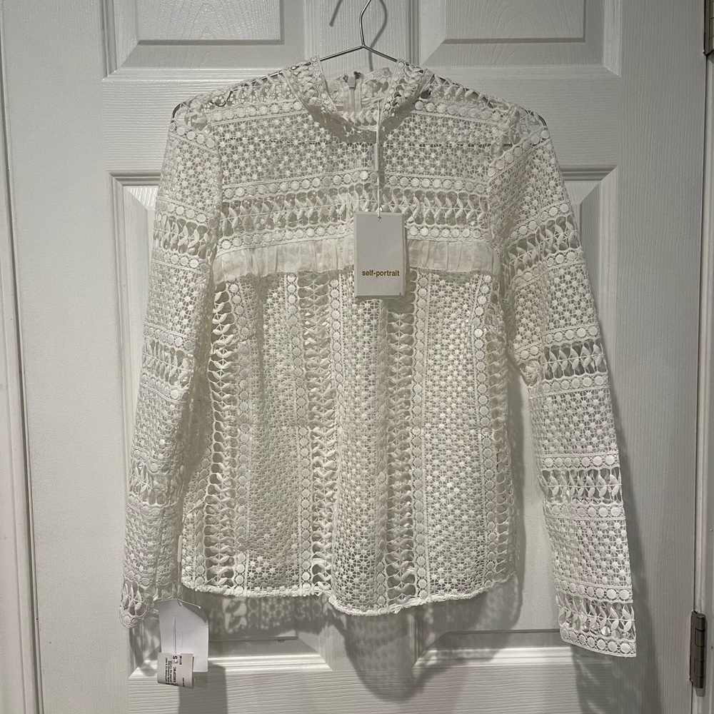 Self Portrait Crochet Lace Panel Long Sleeve Blouse - Picture 5 of 7